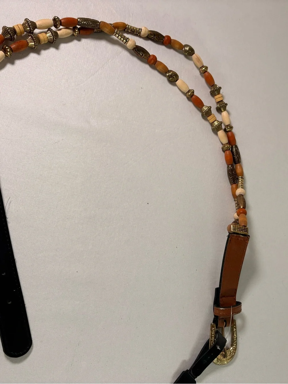 Beaded Leather Strap with Orange and Cream Accents